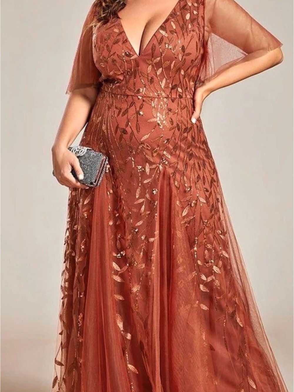 Ever-Pretty Ever Astral Ruffle Sleeves Leaf Sequin Maxi plus size dress